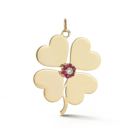 Statement Gold Ruby and Diamond Heart Clover Charm