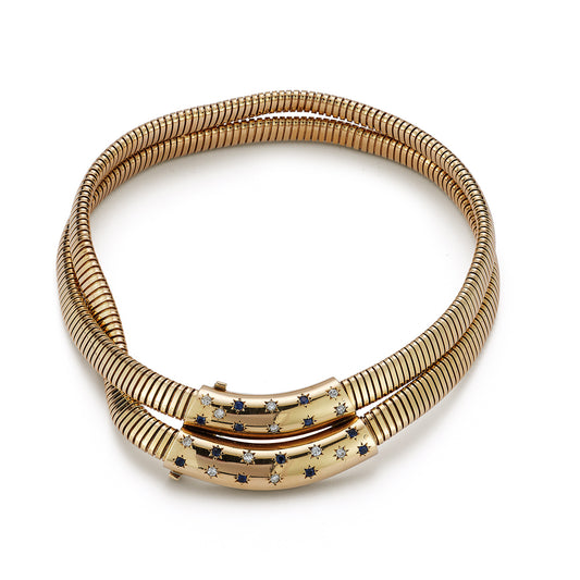 Exceptional & Rare Vintage Gold Diamond and Sapphire Double Tubogas Necklace