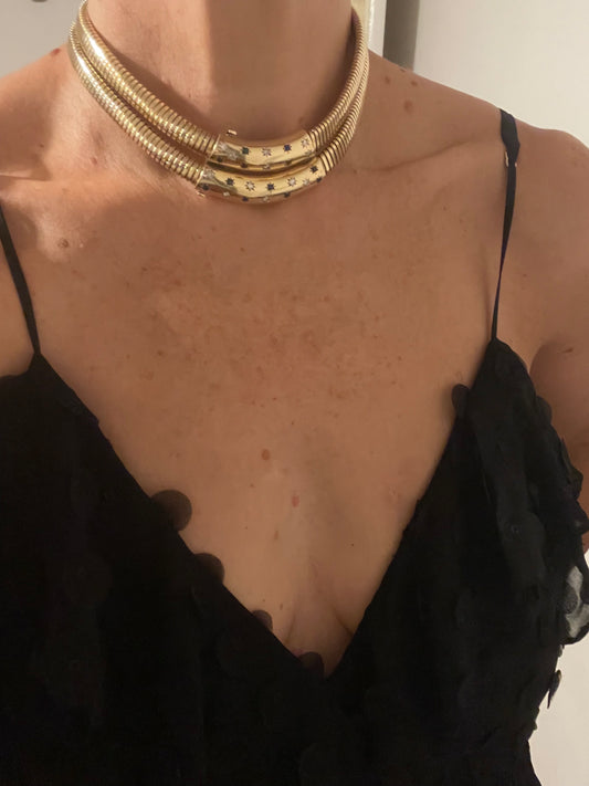 Exceptional & Rare Vintage Gold Diamond and Sapphire Double Tubogas Necklace