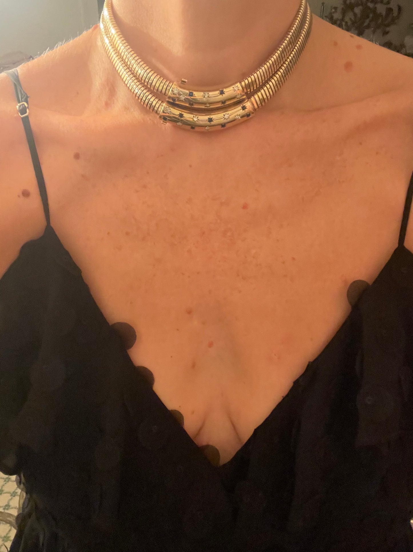 Exceptional & Rare Vintage Gold Diamond and Sapphire Double Tubogas Necklace
