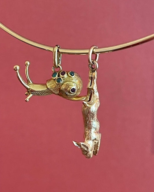 Estate 18k gold ruby and emerald cabachon snail charm