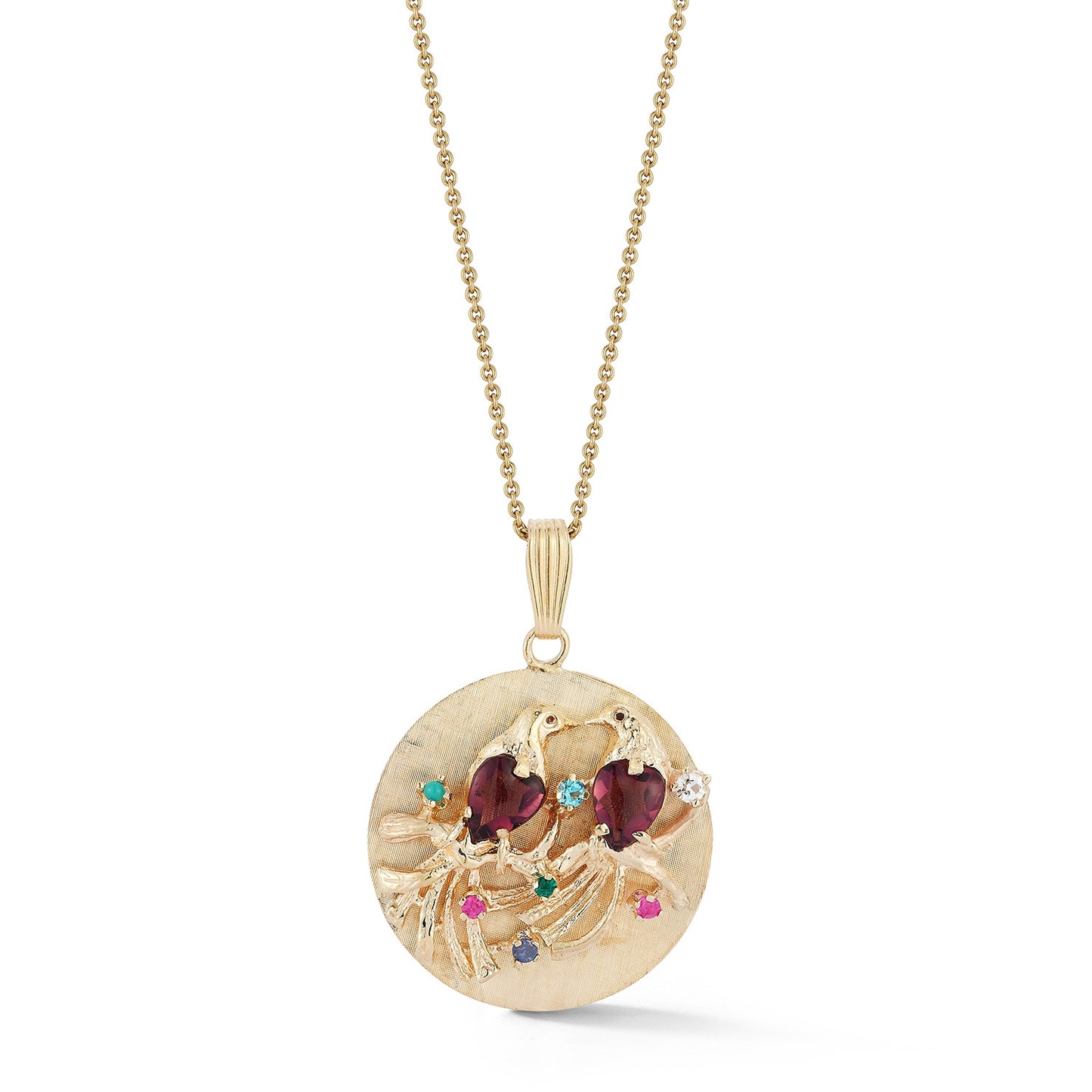 Estate Amethyst Heart and Precious Stone Gold Love Birds Charm Disc