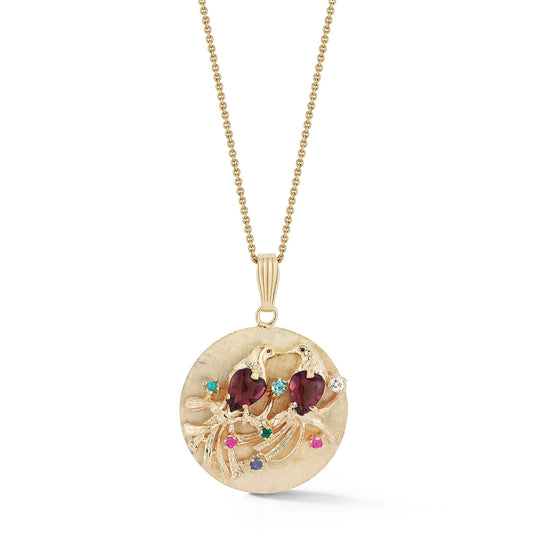 Estate Amethyst Heart and Precious Stone Gold Love Birds Charm Disc