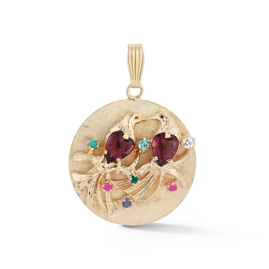 Estate Amethyst Heart and Precious Stone Gold Love Birds Charm Disc