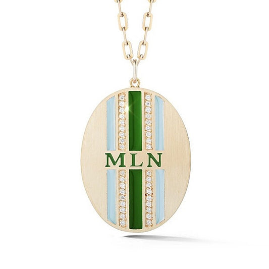 Double Diamond & Enamel Striped Personalized Medallion