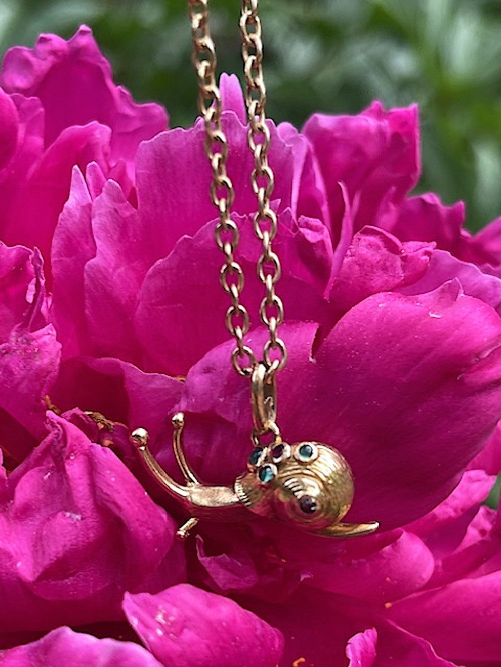 Estate 18k gold ruby and emerald cabachon snail charm