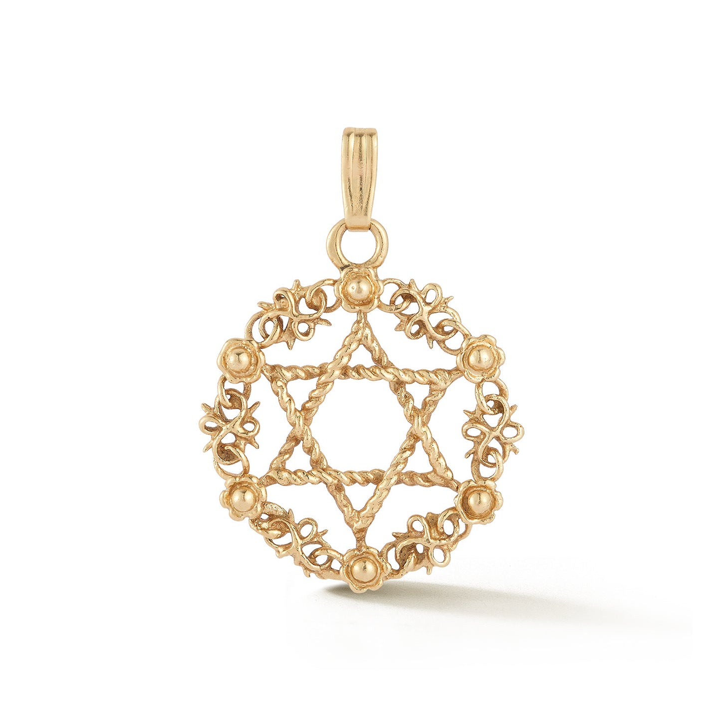 Vintage 14K Yellow Gold Star of David Pendant with Floral Wreath Surround