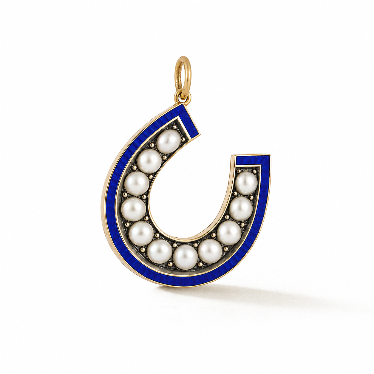 Victorian Era Made in France Guilloché Blue Enamel and Pearl Horseshoe Charm