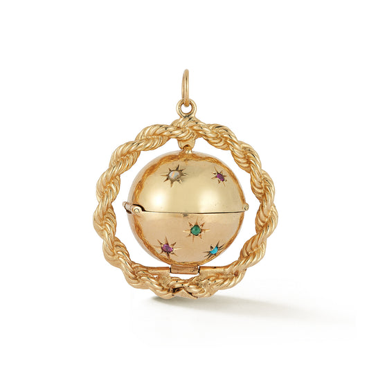 14k Epic Gem Set Sphere Locket in Rope Frame with Colored Stones