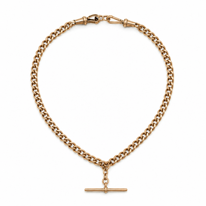 Victorian 9K Rose Gold Curb-Link Watch Chain Necklace with T-Bar Toggle and Double Dog Clips