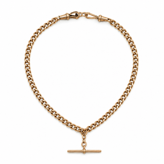 Victorian 9K Rose Gold Curb-Link Watch Chain Necklace with T-Bar Toggle and Double Dog Clips