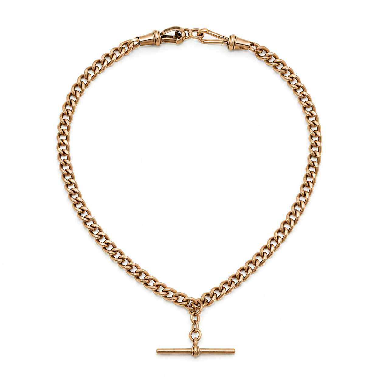 Victorian 9K Rose Gold Curb-Link Watch Chain Necklace with T-Bar Toggle and Double Dog Clips