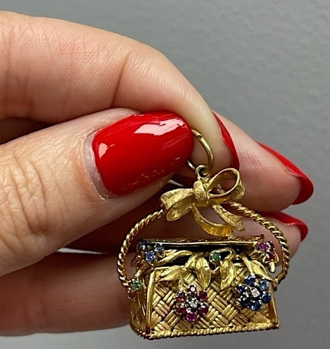 Estate 18k Rare Flower Basket Charm