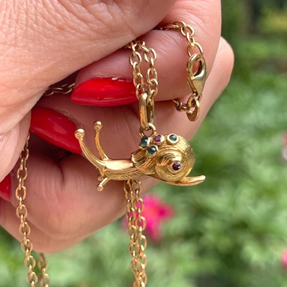 Estate 18k gold ruby and emerald cabachon snail charm