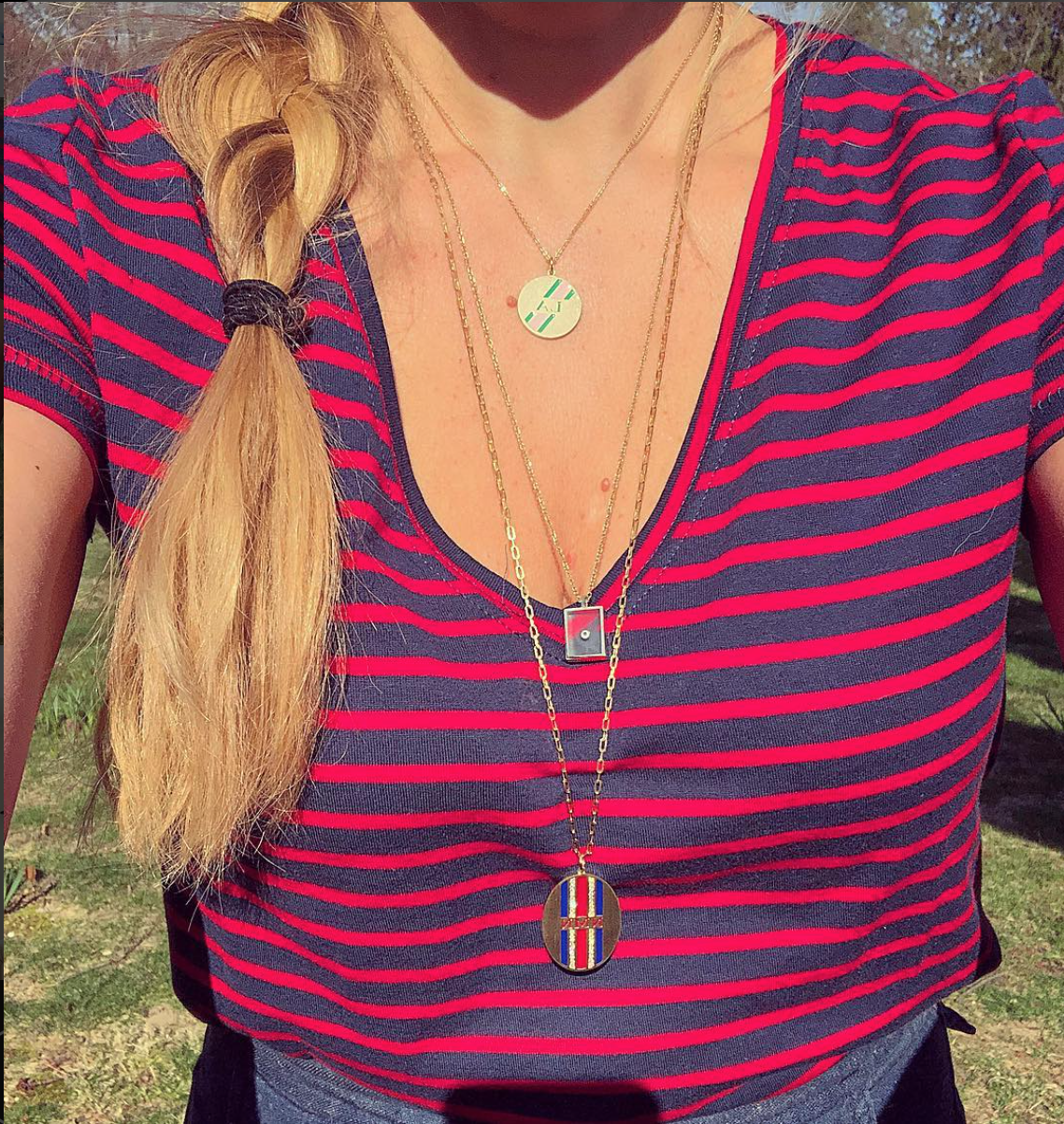 Double Diamond & Enamel Striped Personalized Medallion