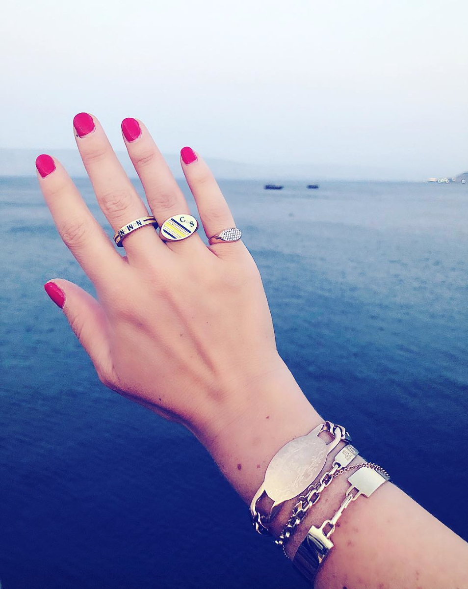 Enamel and Diamond Stripe Signet Ring