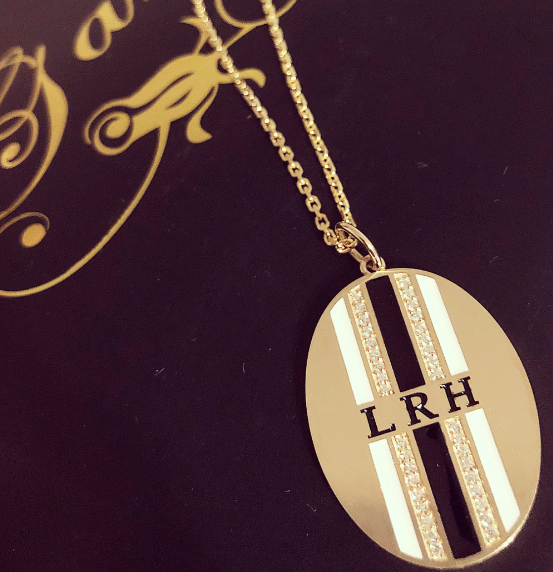 Double Diamond & Enamel Striped Personalized Medallion