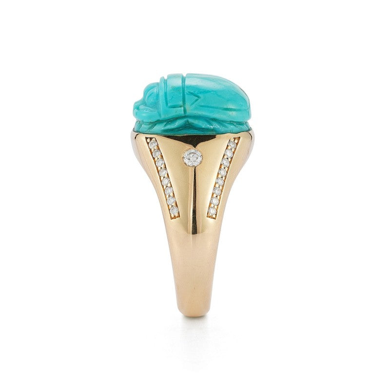 Hand Carved Turquoise Scarab and Diamond Signet Ring