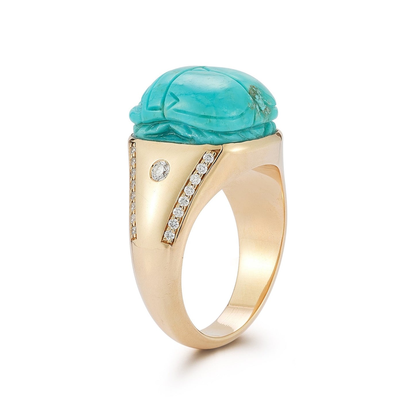 Hand Carved Turquoise Scarab and Diamond Signet Ring